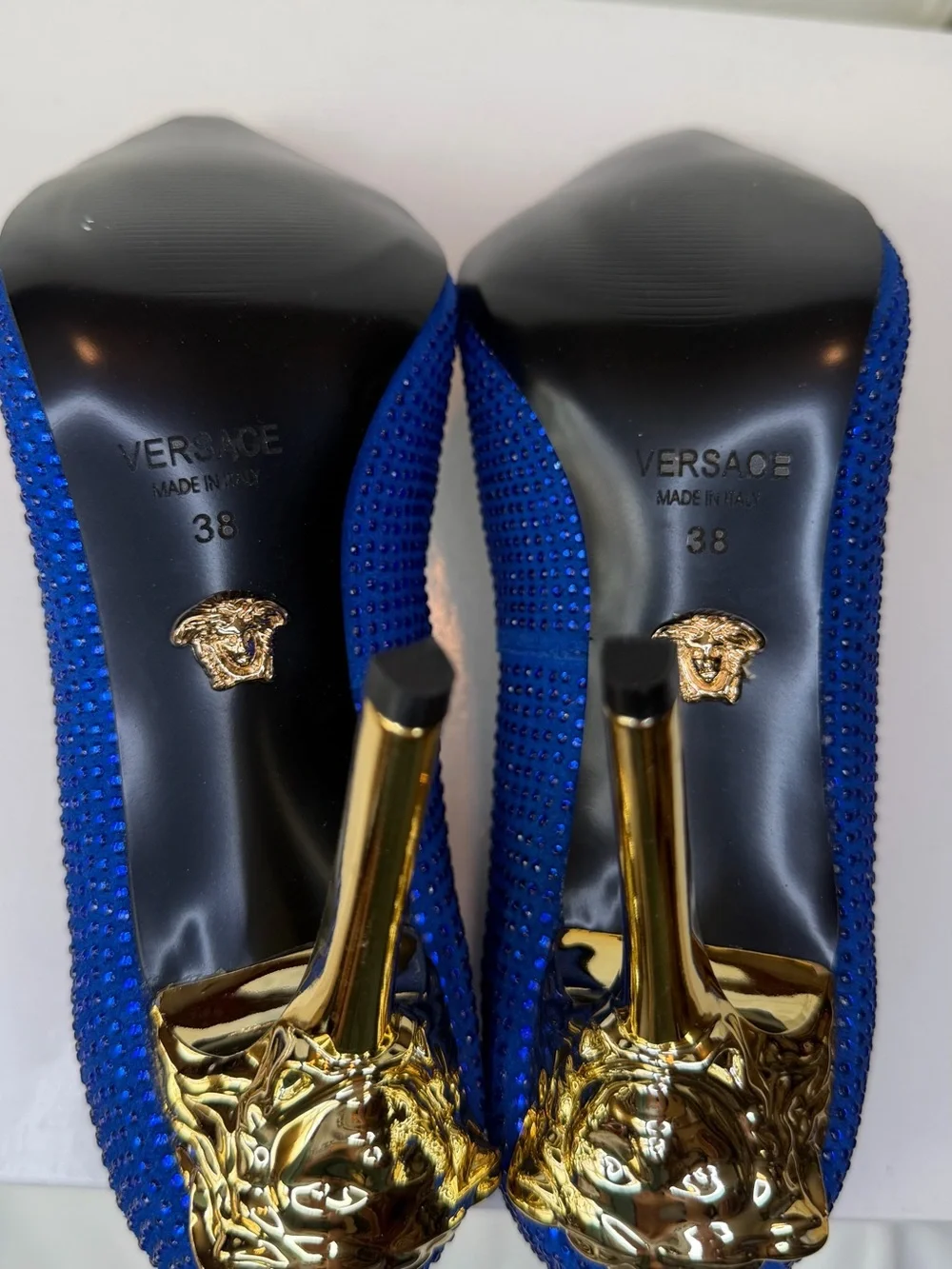 Versace Royal Blue Crystal Pointed-Toe Pumps with Gold Medusa